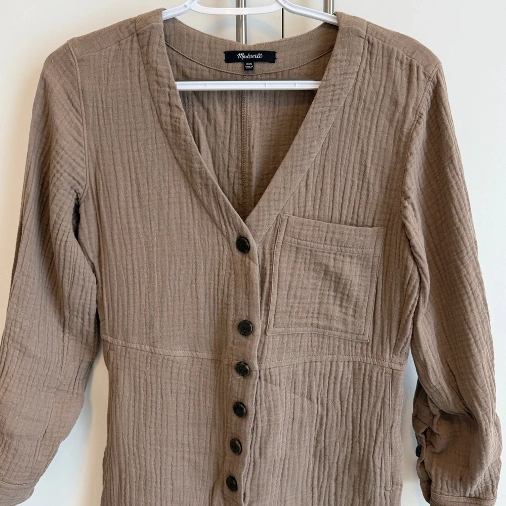 Madewell Brown Gauze Button Front Romper Jumpsuit XXS Neutral Boho 100% Cotton
